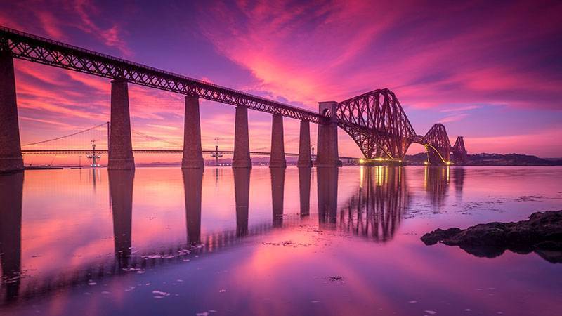Pink and purple sunset sky at the Forth Rail Bridge