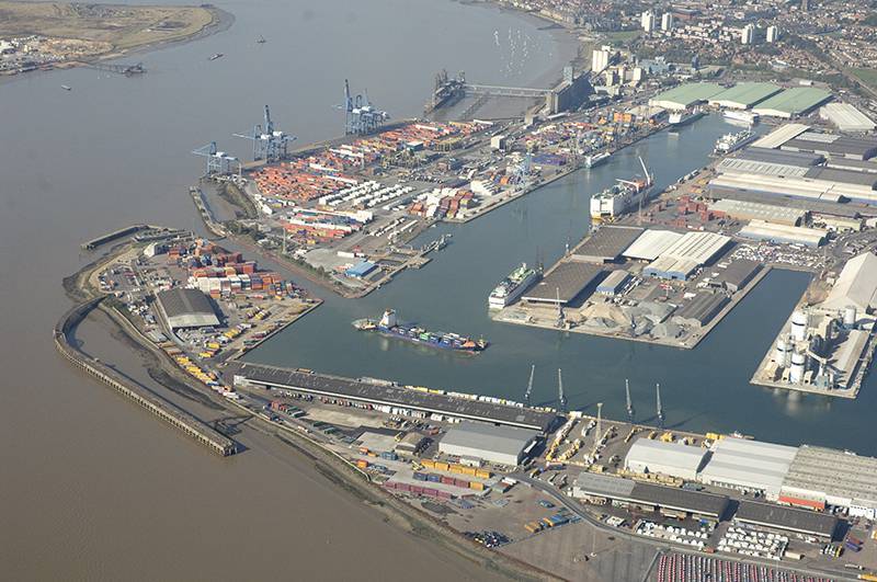 an aerial view of Port of Tilbury, looking over London Container Terminal