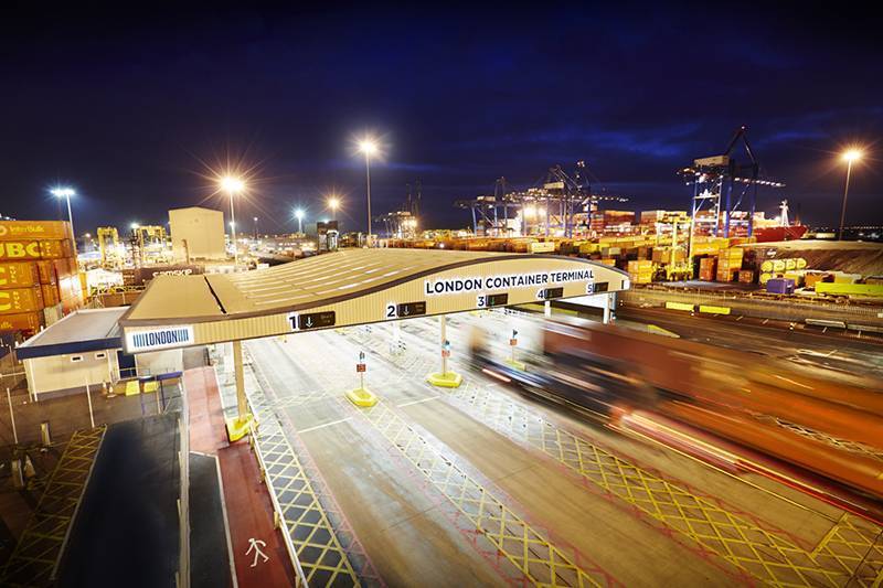 the HGV entrance to London Container Terminal at night