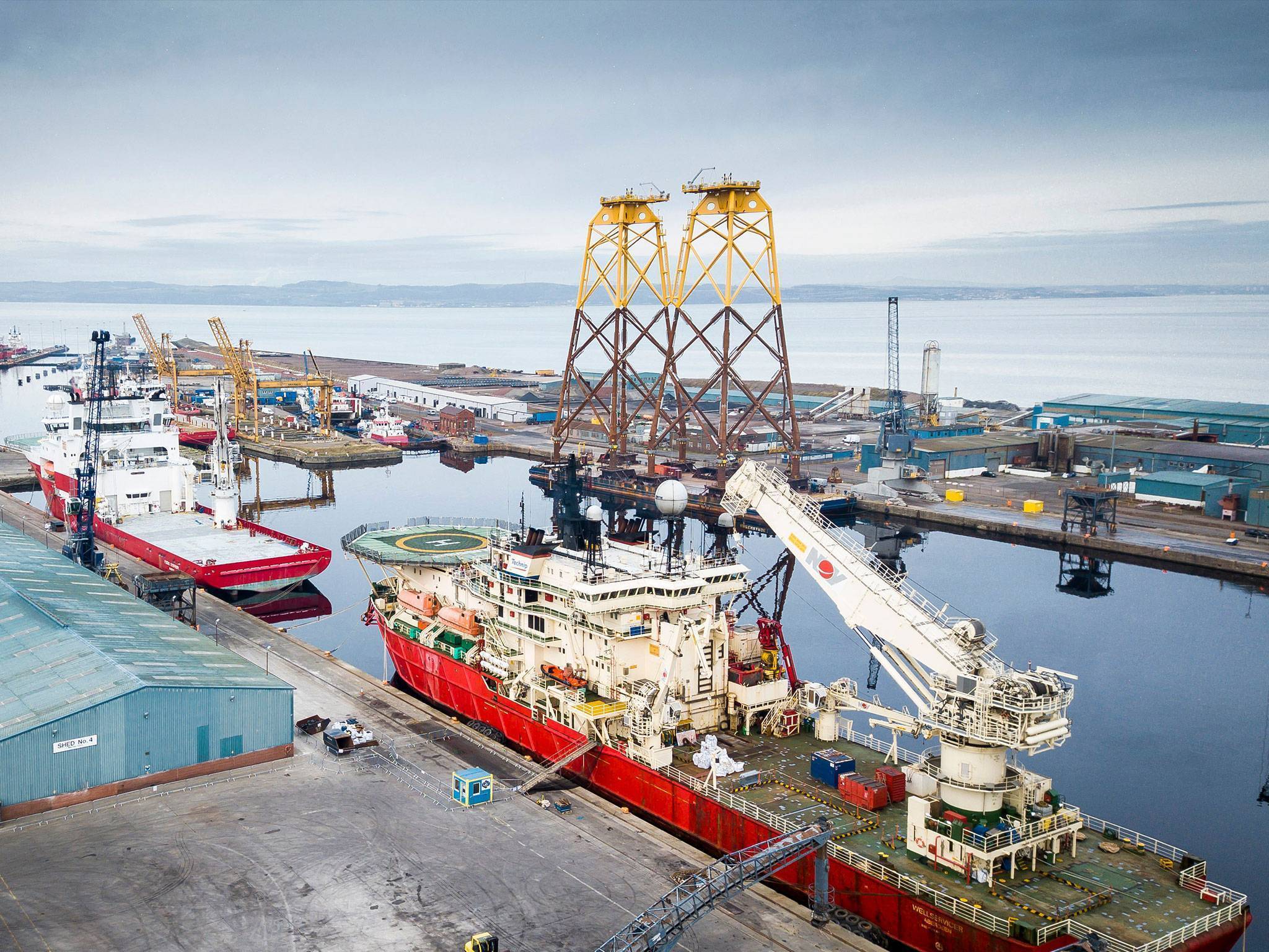 Oil and Gas vessels and 2 offshore wind jackets at Forth Ports Leith in Edinburgh